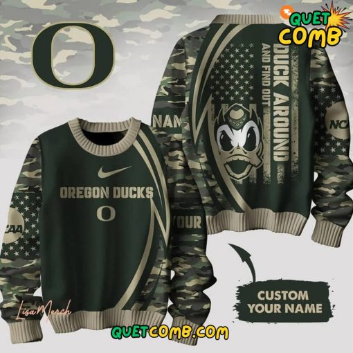 Oregon Ducks Salute to Service Green Camo Ugly Sweater